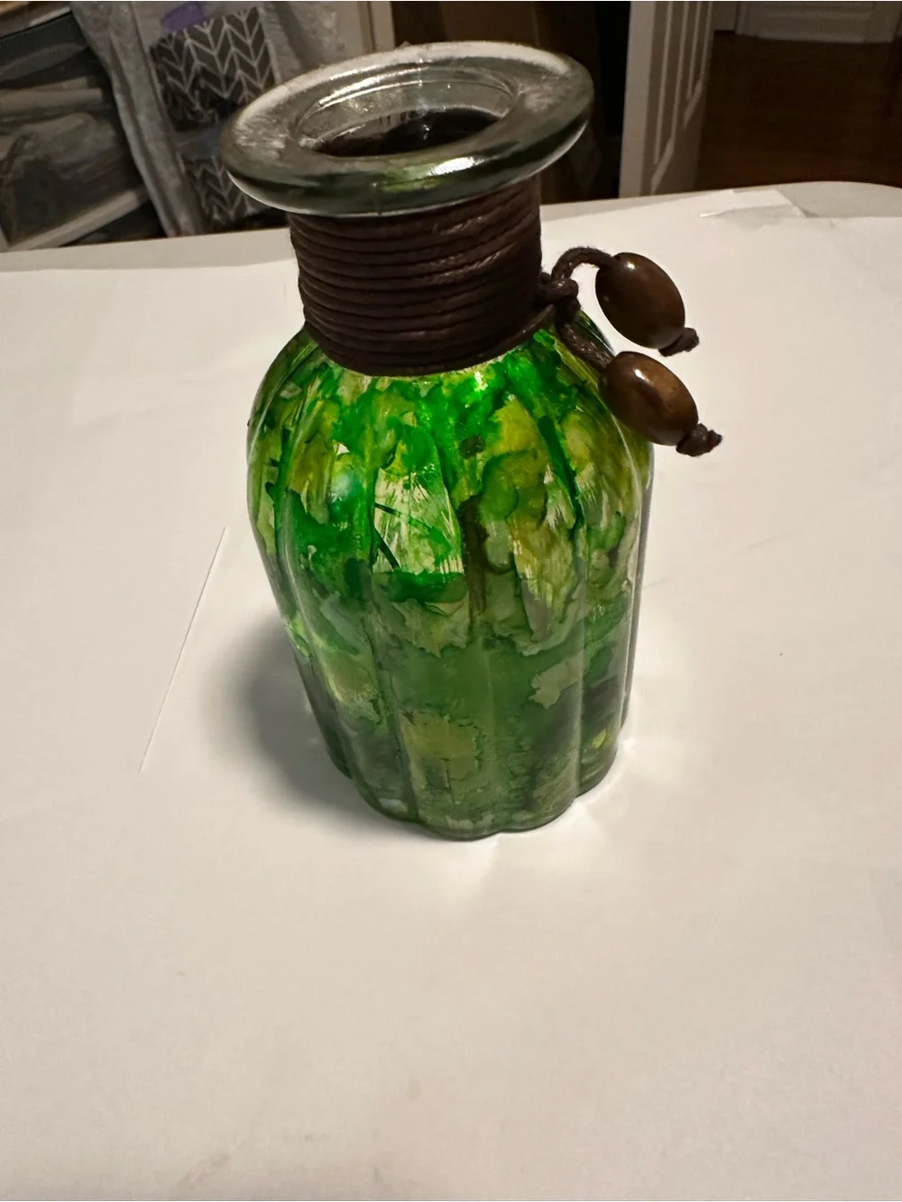 Hand crafted Green Decorative Glass Bottle Vase with Rope Accent